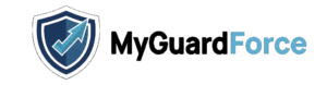 MyGuardForce logo featuring a blue shield with a checkmark beside the bold wordmark on a dark blue gradient background