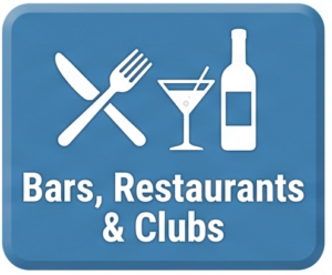 Blue sign with white icons (knife and fork, cocktail glass, bottle) and the text 'Bars, Restaurants & Clubs'.
