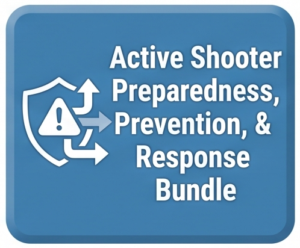 Blue rounded badge displaying the text 'Active Shooter Preparedness, Prevention, & Response Bundle' with a shield icon and exclamation mark.