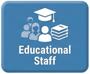 Blue badge featuring a graduation cap, user-family icons, stacking books, and the caption 'Educational Staff' (educational staff icon).
