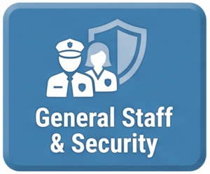 Blue rounded badge with police officer and security silhouettes beside a shield, text reads 'General Staff & Security'.