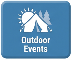 Blue rounded-square badge with a white camping tent, sun, and trees, and the text 'Outdoor Events'